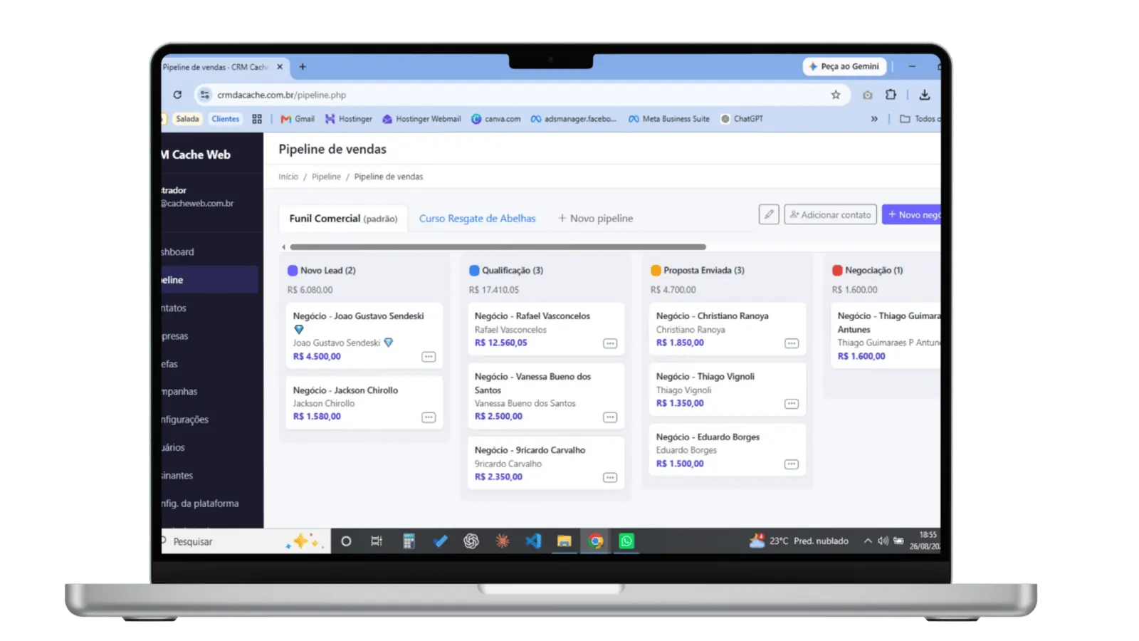 Pipeline de vendas do Cache Sales Control em formato Kanban, exibido em notebook