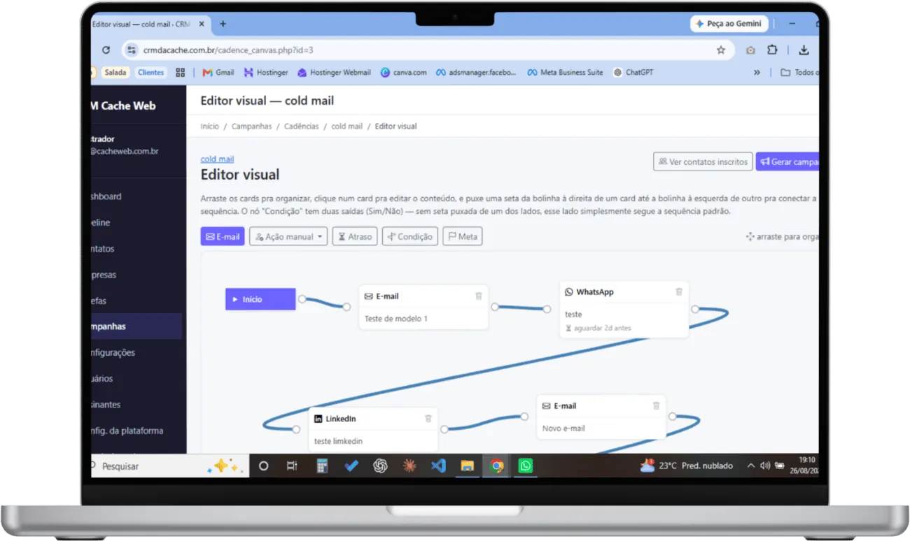 Editor visual de cadência com fluxo de e-mail, WhatsApp e LinkedIn no Cache Sales Control