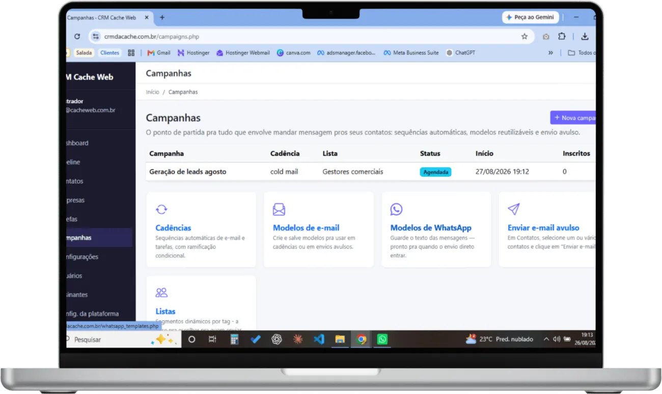 Área de Campanhas do Cache Sales Control com modelos de e-mail e envio avulso