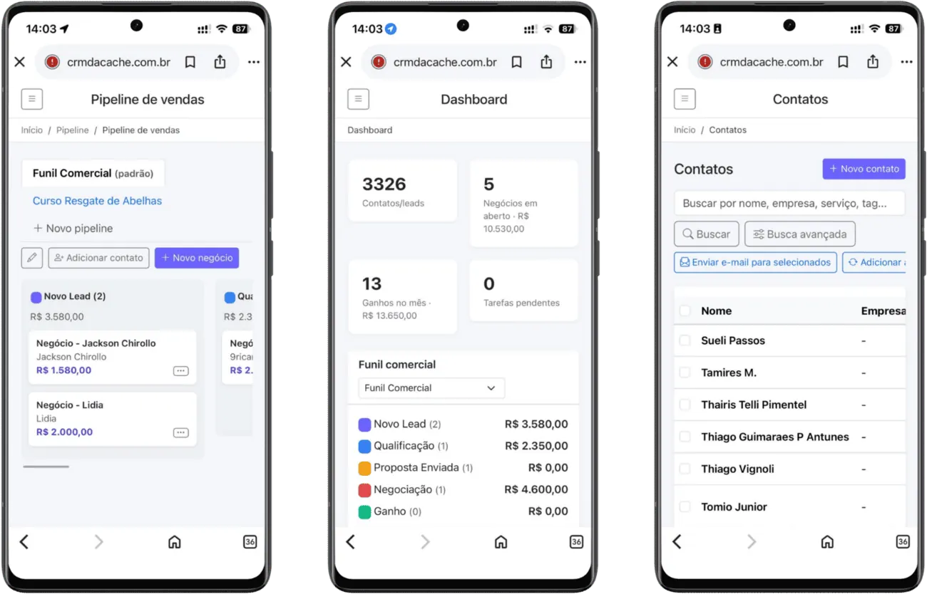 Contatos do Cache Sales Control em diferentes telas do sistema