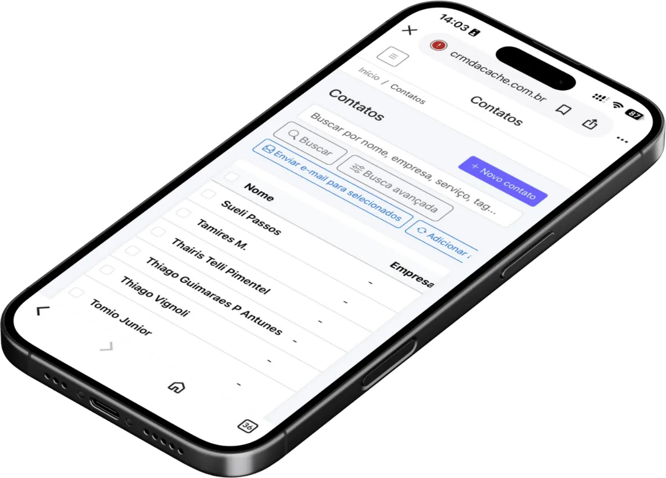Ficha do contato com histórico de interações no Cache Sales Control