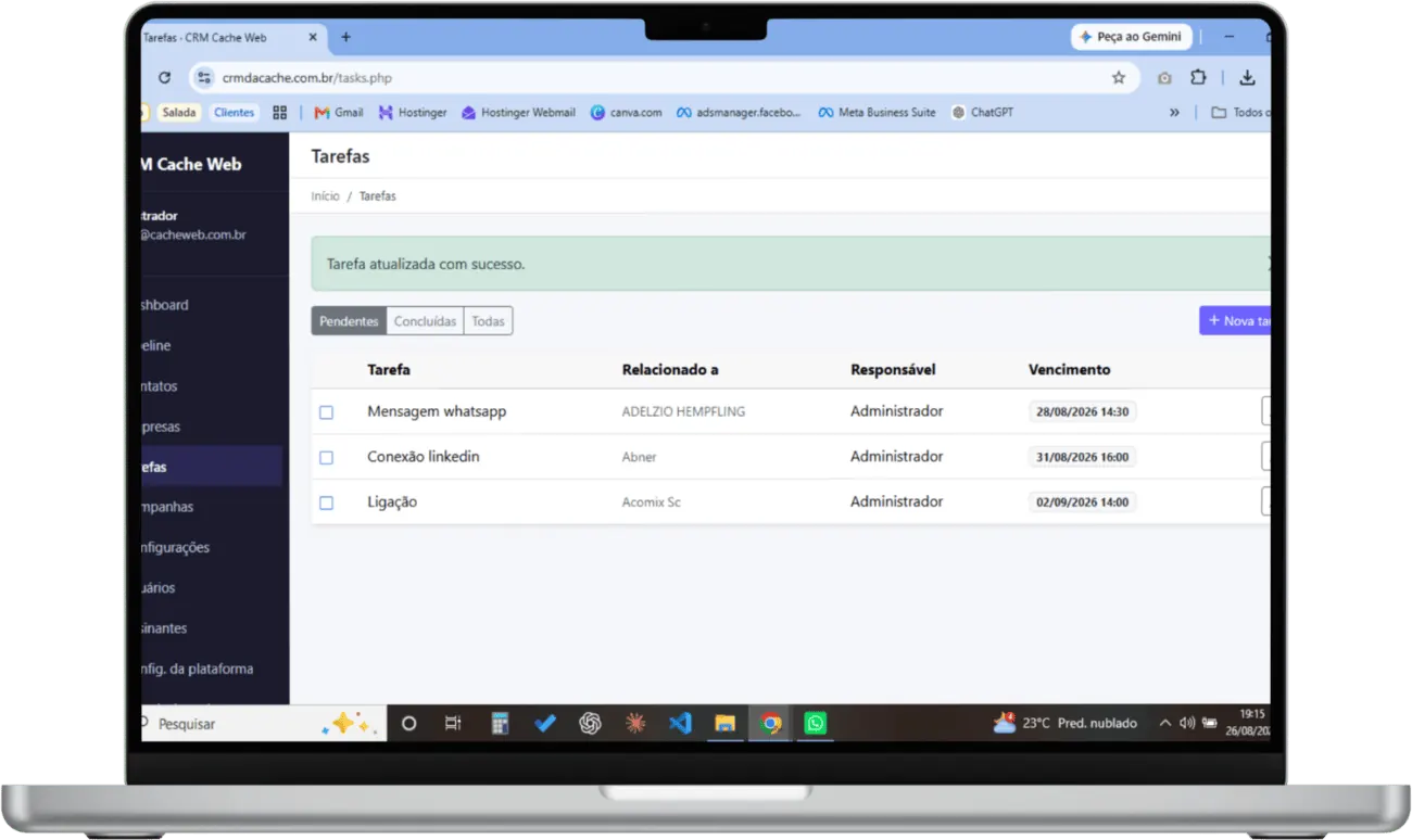 Tela de Tarefas do Cache Sales Control com follow-ups pendentes